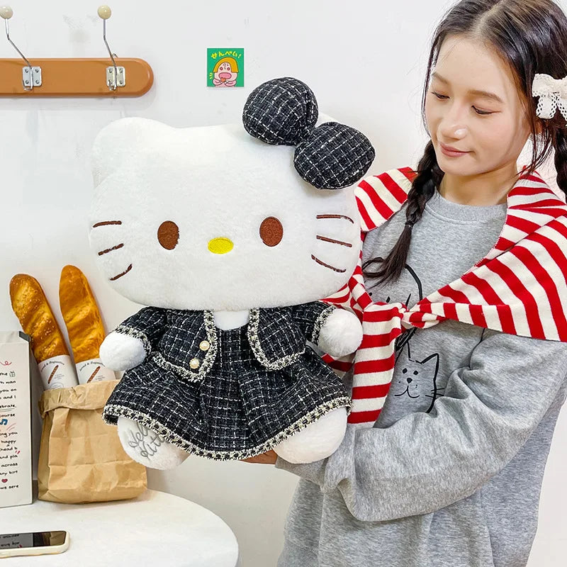 Sanrio Plush Cat Stuffed Animal Doll Large Checkered Skirt Kawaii Pillow Toy for Kids Birthday Christmas Gift for Girls Bedtime