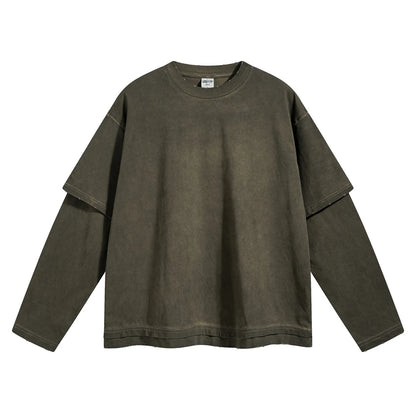 ZODF New 2024 Autumn Fake 2 Pieces T-Shirt For Men Unisex Loose Solid Long Sleeve O-Neck 305gsm Cotton T Shirt Brand Tops HY0944