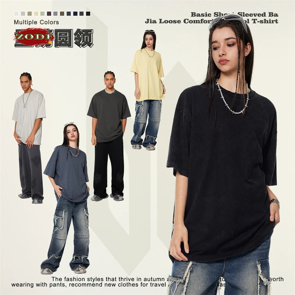 ZODF 2024 Heavy-Weight 345gsm Basic Solid T-Shirts For Men Unisex Women Summer Loose 100% Cotton T Shirt Brand Clothes HY0771