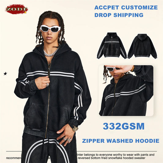 ZODF Retro 2024 Winter Men Zipper Fleece Hoodies Unisex Oversized Washed 360gsm Sport Knitted Hooded Coat HY0905