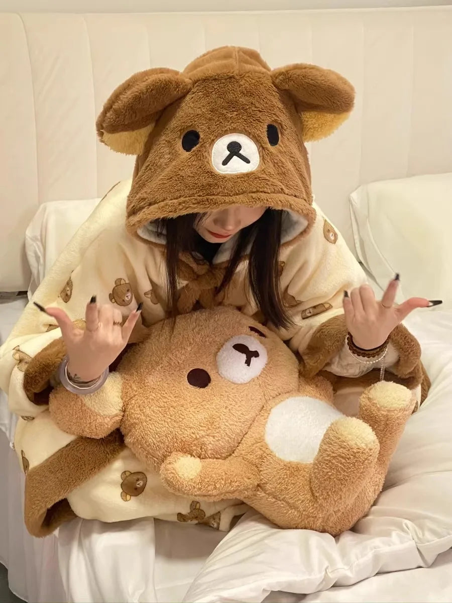 Rilakkuma Women'S Fleece-Lined Thickened Robe Coral Fleece Flannel Hooded Home Clothes Warm Nightgowns Casual Wear For Going Out