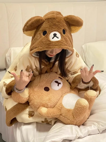 Rilakkuma Women'S Fleece-Lined Thickened Robe Coral Fleece Flannel Hooded Home Clothes Warm Nightgowns Casual Wear For Going Out