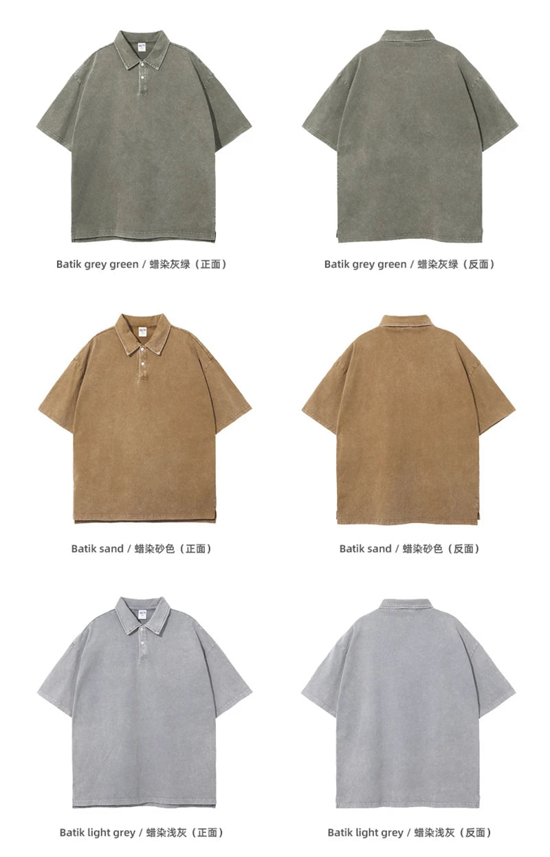 ZODF Summer Men Batik Washed 275gsm Cotton T Shirt Unisex Retro Turn Down Collar Short Sleeve T-shirts Tees HY0533