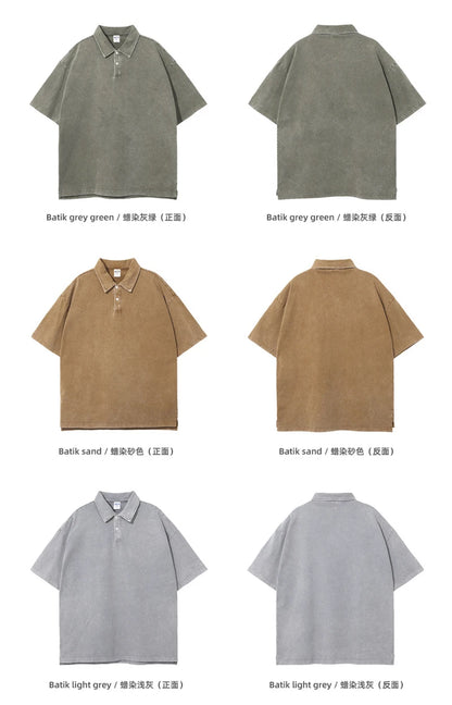 ZODF Summer Men Batik Washed 275gsm Cotton T Shirt Unisex Retro Turn Down Collar Short Sleeve T-shirts Tees HY0533