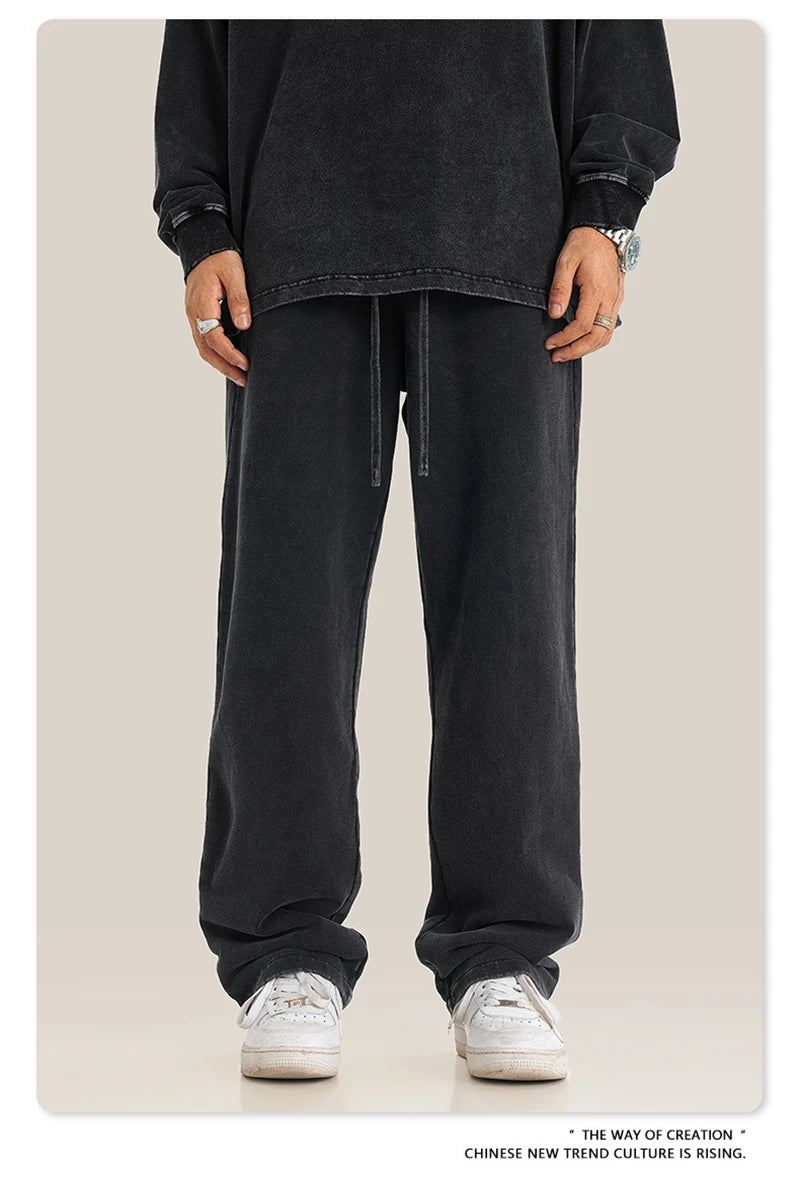 ZODF Retro Men Autumn Washed 380gsm Cotton Unisex High Street Oversized Solid Sport Straight Pants HY0885