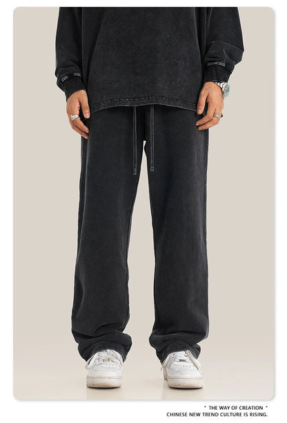 ZODF Retro Men Autumn Washed 380gsm Cotton Unisex High Street Oversized Solid Sport Straight Pants HY0885