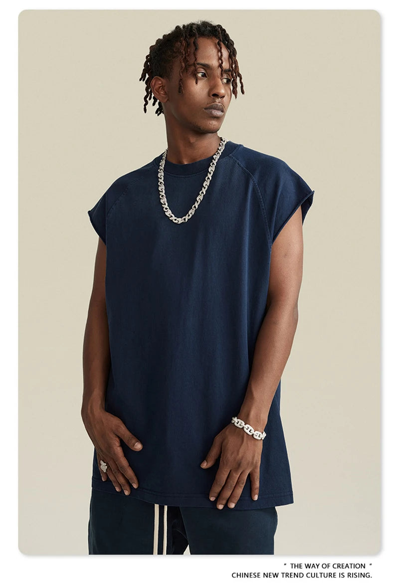 ZODF American Retro Men Washed Solid Tank Tops Women Unisex Loose Edge 275gsm Cotton Sleeveless Tees Brand Streetwears HY0503