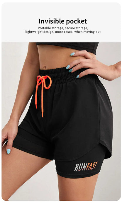 Women’s High Rise Elastic Waist Yoga Shorts with Fake Two-Piece Design for Running