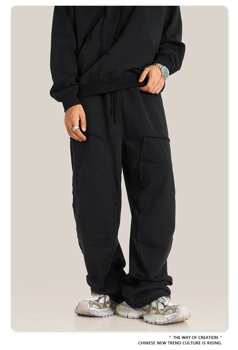 ZODF Fashion 2024 Winter Patches Fleece Straight Pants Retro Unisex Loose Washed 305gsm Warm Soft Trousers Brand Bottoms HY0872