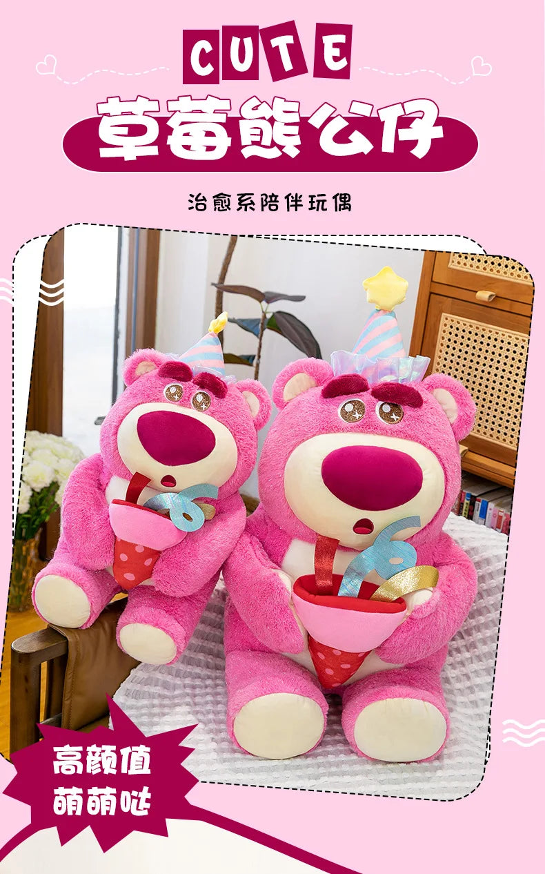 Disney Plush Strawberry Bear Doll with Birthday Hat Cute Stuffed Animal for Kids Birthday Xmas Gift Perfect Toy for Children And