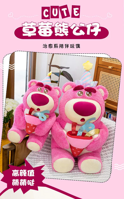 Disney Plush Strawberry Bear Doll with Birthday Hat Cute Stuffed Animal for Kids Birthday Xmas Gift Perfect Toy for Children And