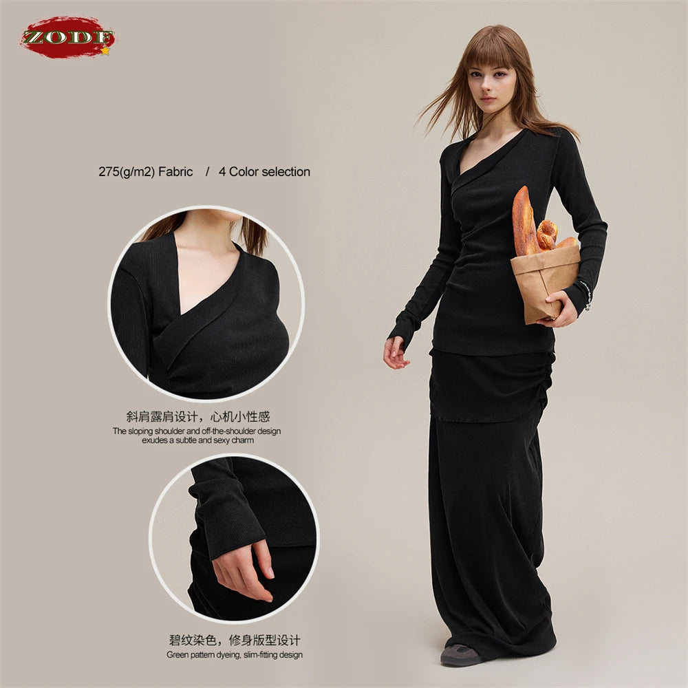 ZODF Retro Sexy Women Autumn Washed 275gsm T Shirt Ladies Girls Distressed Side Pleated Full Sleeve T-Shirts Tees HY1107