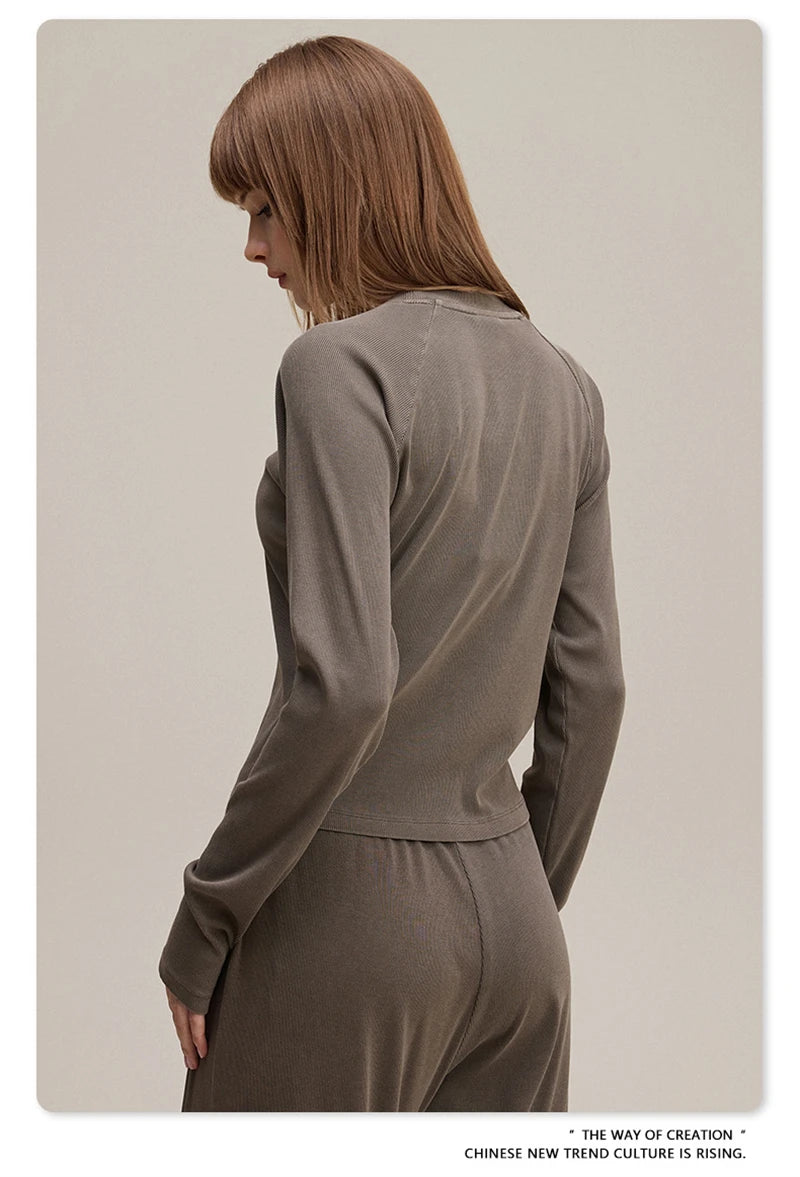 ZODF Sexy Autumn Washed 275gsm Full Sleeve T Shirt For Women Ladies Girls Slim Fit Distressed T-Shirts Tops HY1145