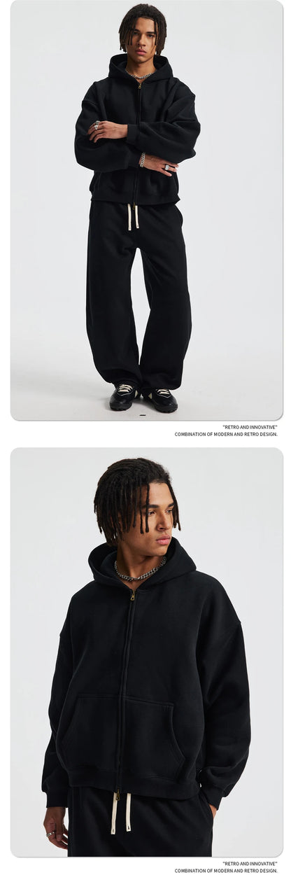 ZODF Trendy 2025 Winter Man Solid Fleece Boxy Hoodies Unisex 350gsm Double Head Zipper Hooded Sweatshirts Coat HY1122