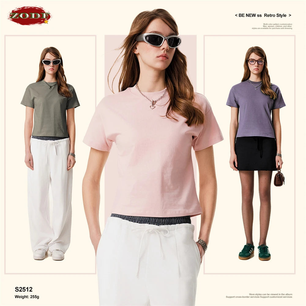 ZODF Women 2025 Summer 255gsm Cotton T-Shirts Hotsweet Girls Casual Solid Comfortable Sport T Shirt Brand Tops HY0978