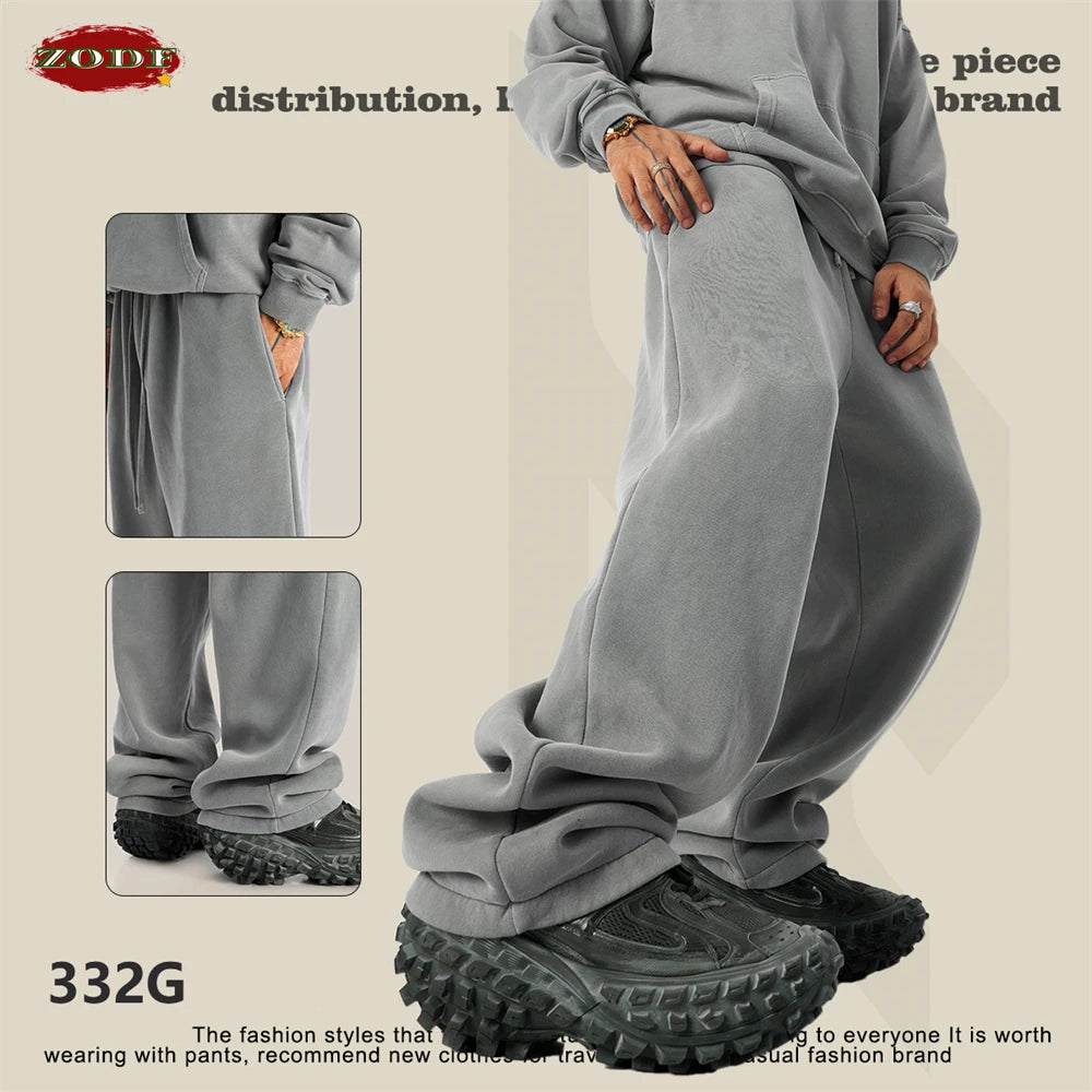 ZODF Retro 2025 Winter Washed Fleece Straight Pants For Men Unisex Loose 360gsm Knitted Warm Soft Trousers Brand Clothes HY0869