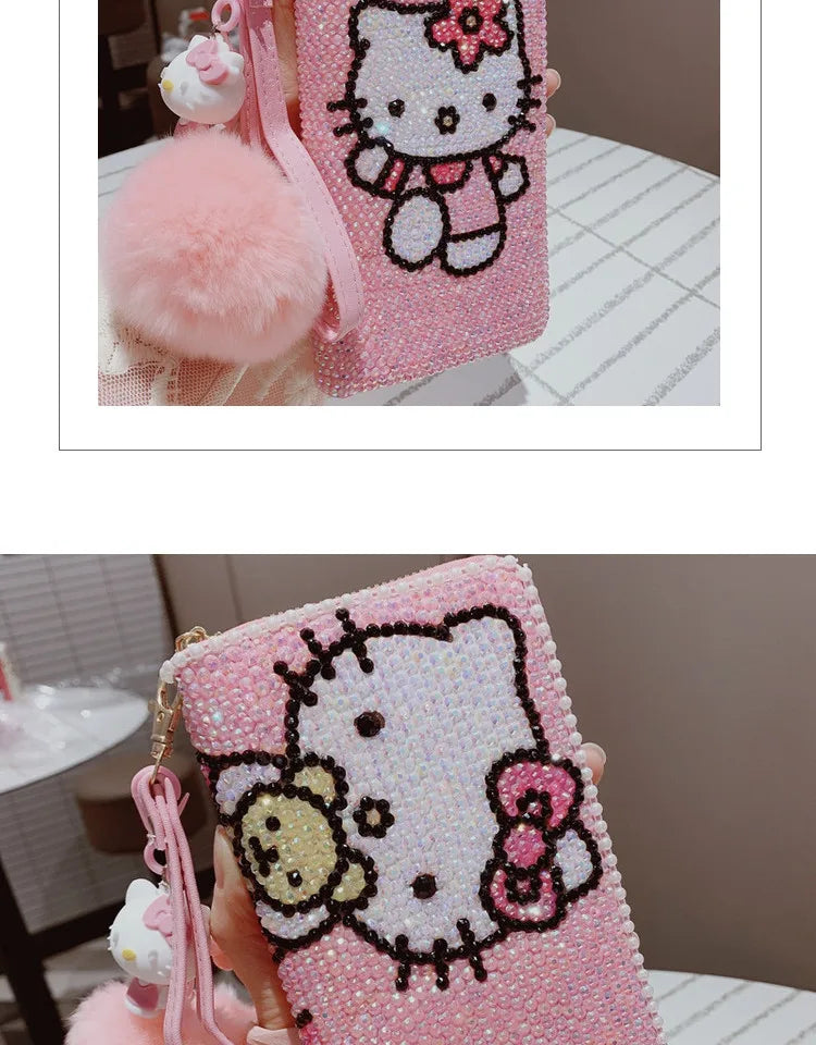 New Sanrio Cute Full Diamond Hello Kitty Wallet Sticker Full Diamond Lady Girl Heart Long Zipper Wallet Mobile Bag
