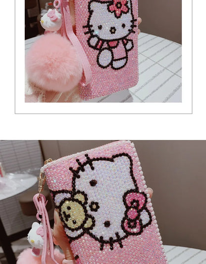 New Sanrio Cute Full Diamond Hello Kitty Wallet Sticker Full Diamond Lady Girl Heart Long Zipper Wallet Mobile Bag