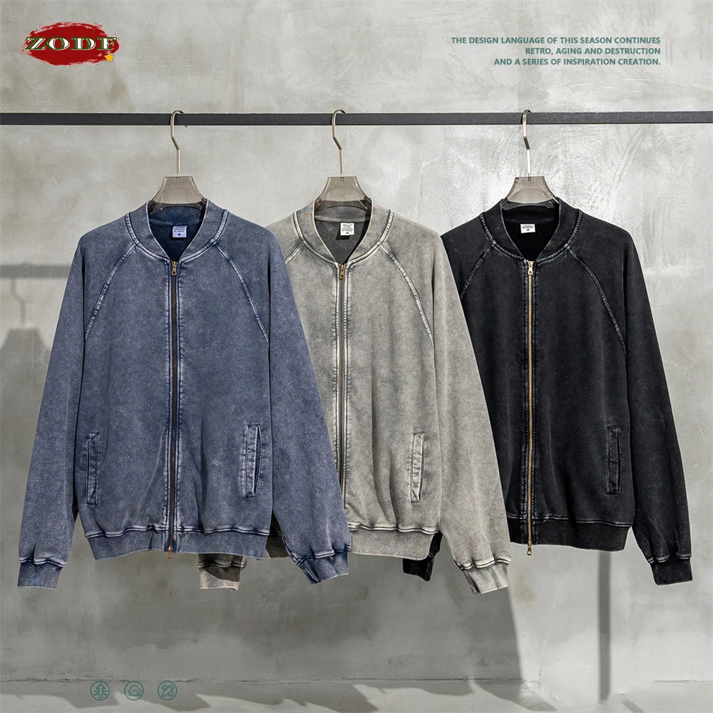ZODF New Winter Washed Double Zipper Jackets For Men Unisex Loose Heavy Weight 450gsm Raglan Sleeve Cotton Coats HY0654