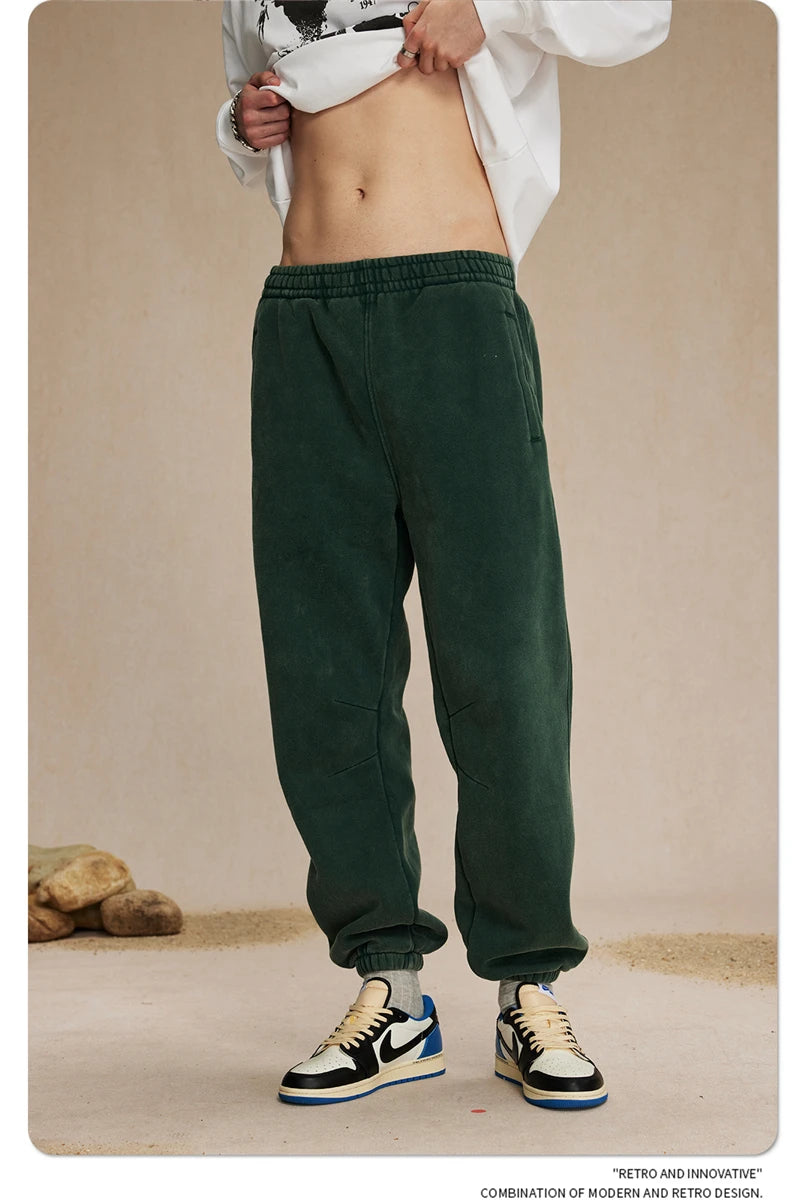 ZODF Retro Winter 360gsm Batik Washed Fleece Sweatpants Unisex Loose Drawstring Warm Joggers HY0714