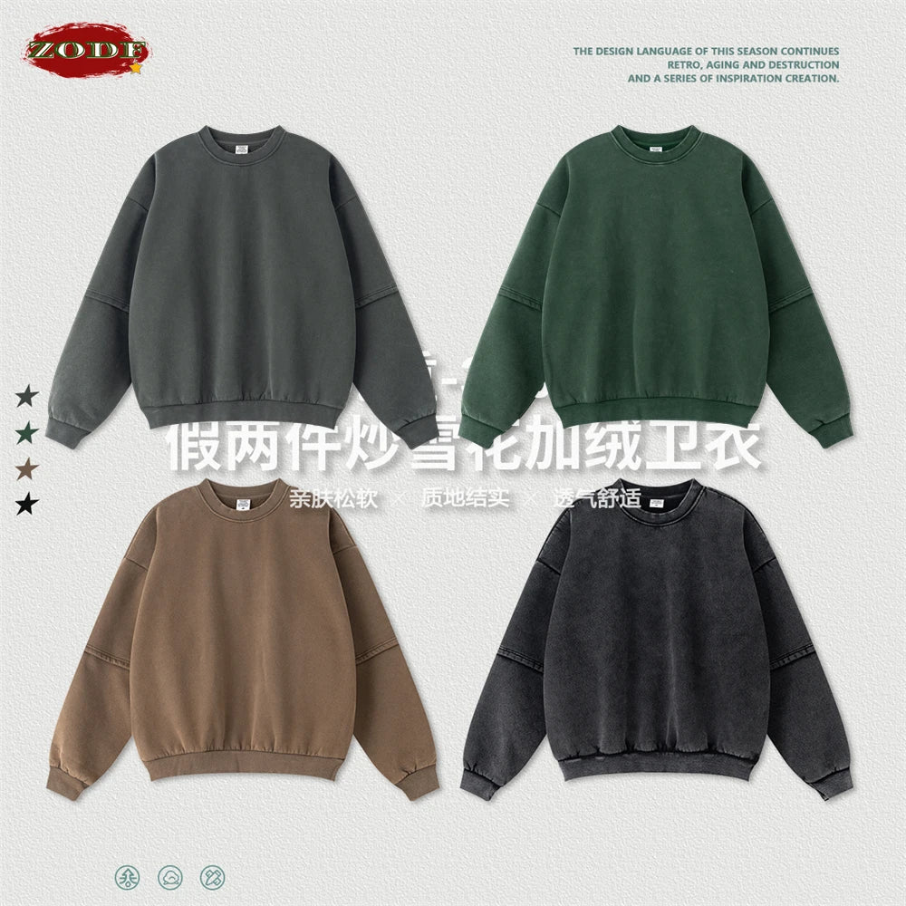 ZODF Trendy 2025 Winter Man 360gsm Washed Fleece Hoodies Unisex Patchwork Loose Fake 2 Pieces Knitted O Neck Sweatshirts HY1089