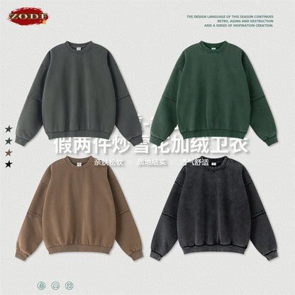 ZODF Trendy 2025 Winter Man 360gsm Washed Fleece Hoodies Unisex Patchwork Loose Fake 2 Pieces Knitted O Neck Sweatshirts HY1089