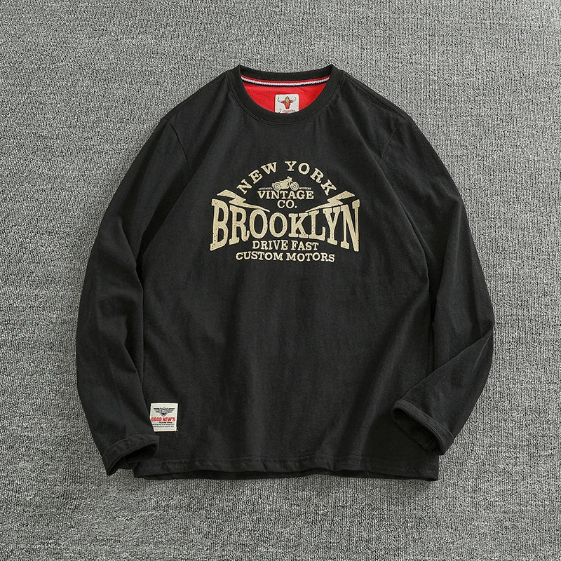 Autumn New American Retro Long-sleeved O-neck Letter Printed T-shirt Men's Fashion Simple 100% Cotton Washed Casual Sport Tops