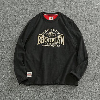 Autumn New American Retro Long-sleeved O-neck Letter Printed T-shirt Men's Fashion Simple 100% Cotton Washed Casual Sport Tops