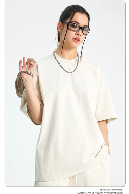 ZODF Trendy 2025 Men 275gsm Cotton T-Shirts Unisex Summer Patchwork Solid O Neck T Shirt Brand Tees HY1045