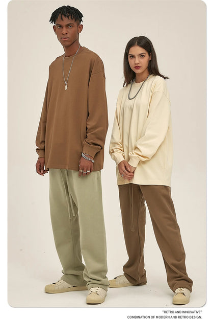 ZODF New 2025 Autumn Men 305gsm 100% Cotton T Shirt Unisex Loose Heavy Weight Basic Long Sleeve Solid T-Shirts Tops HY0634