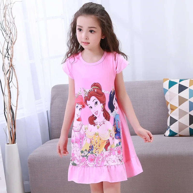 Girls Night Dress Summer Cartoon Snow White Frozen Princess Elsa Mermaid Print Toddler Girl Nightgown for Teens