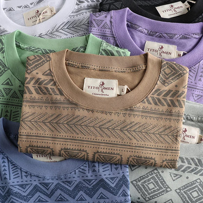 6013# Summer New American Retro Short Sleeve O-neck Geometric Printed T-shirt Men's Fashion 100% Cotton Washed Loose Casual Tops