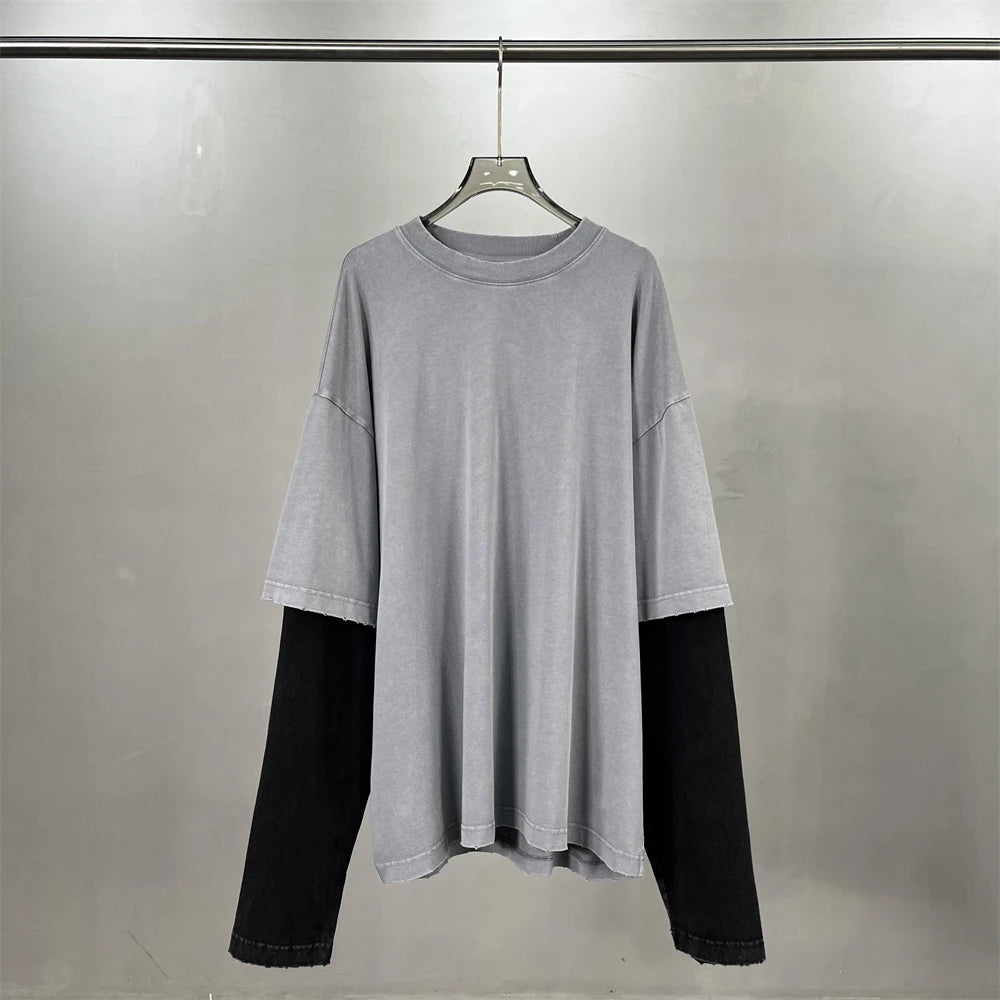 ZODF Retro Fake 2-Piece Cotton T-Shirts For Man Unisex Distressed Full Sleeve Washed O Neck T Shirt Brand Tees HY1156