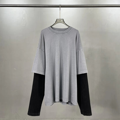 ZODF Retro Fake 2-Piece Cotton T-Shirts For Man Unisex Distressed Full Sleeve Washed O Neck T Shirt Brand Tees HY1156