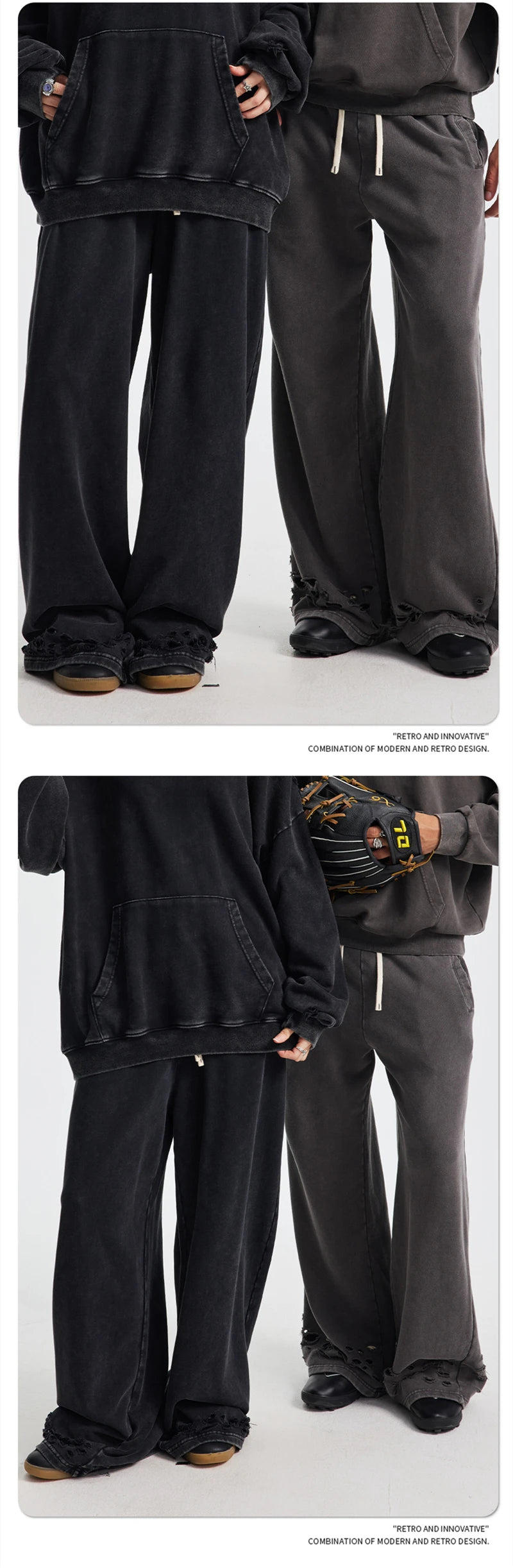 ZODF 2025 Autumn Men Washed Cotton Terry Pants 380gsm Distressed Oversized Straight Sport Trousers Streetwear HY1075