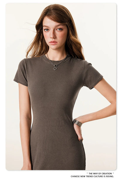 ZODF Sexy 2025 Spring Women 275gsm Long Dress Female Girls O Neck Washed Distressed Slim Slit Fit Dresses HY1008