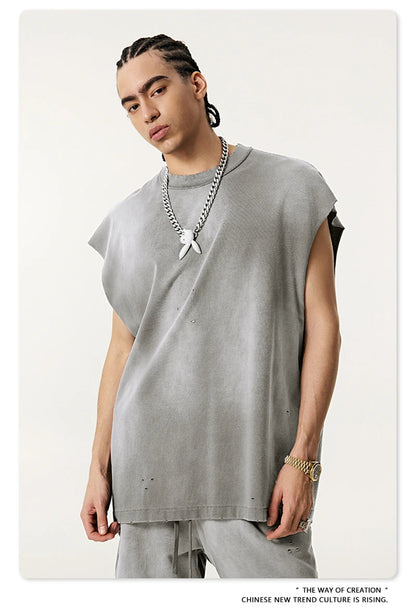 ZODF 2025 Summer 285gsm Washed Tank Tops For Men Unisex American Retro Cut Distressed Oversized Sleeveless TEE Vest HY1006