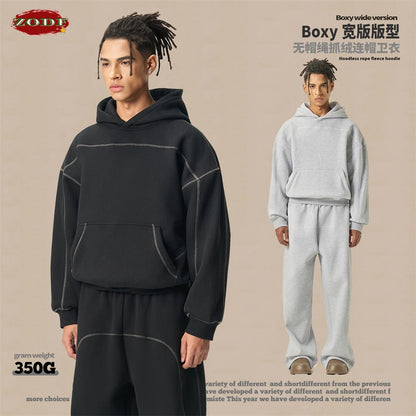 ZODF Trendy Men 350gsm Fleece Loose Boxy Fit Hooded Hoodie Unisex Hip Hop Solid Warm Pullovers Coat For Winter HY0032