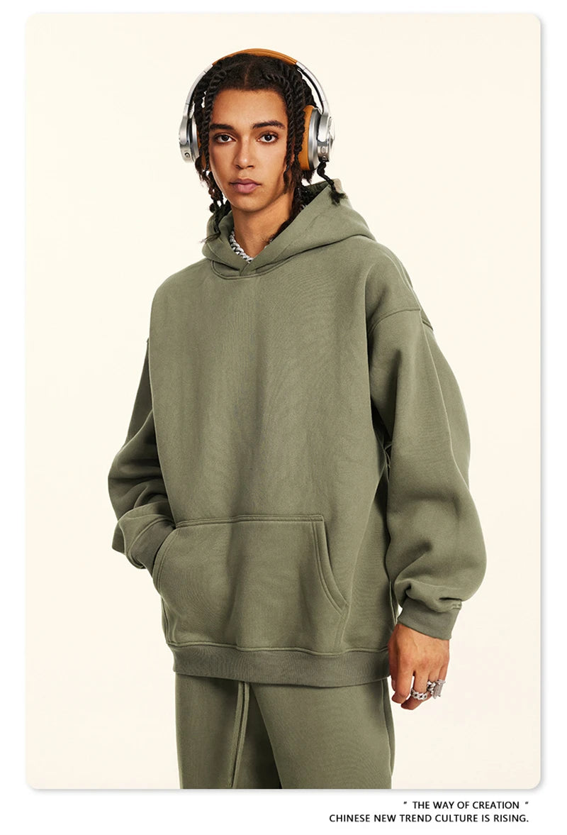 ZODF New 2024 Autumn Winter Men 345gsm Fleece Hoodies Unisex Women Relax Fit Warm Solid Hooded Pullovers Sweatshirts HY0863