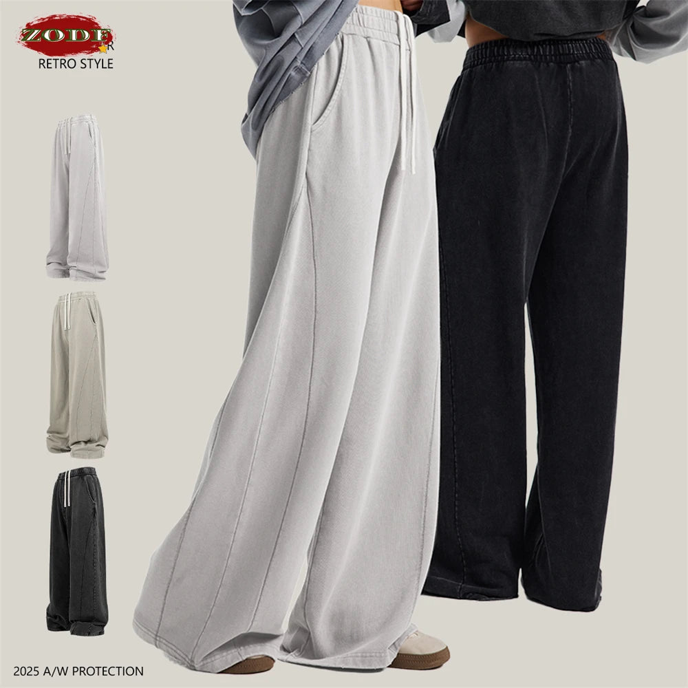 ZODF Retro 2025 Autumn Men 380gsm Washed Cotton Pants Unisex Patchwork Distressed Heavyweight Loose Solid Terry Trousers HY1071