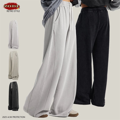 ZODF Retro 2025 Autumn Men 380gsm Washed Cotton Pants Unisex Patchwork Distressed Heavyweight Loose Solid Terry Trousers HY1071