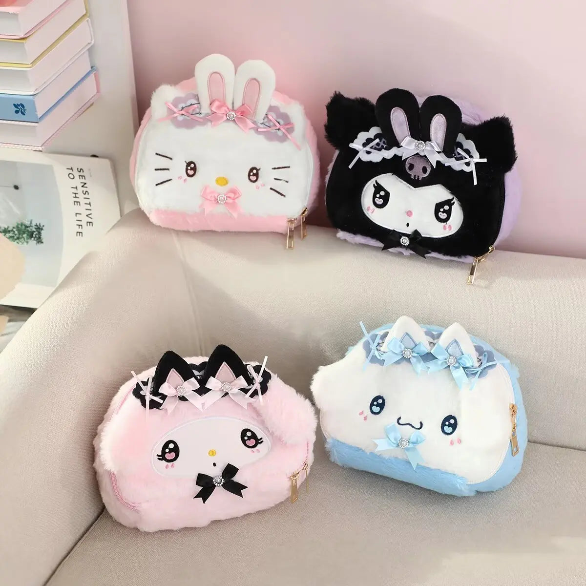 Kawaii Cinnamoroll Kuromi Hello Kitty My Melody Plush Bag Cosmetic Pouch Cartoon Anime Soft Makeup Bag for Daily Use & Travel