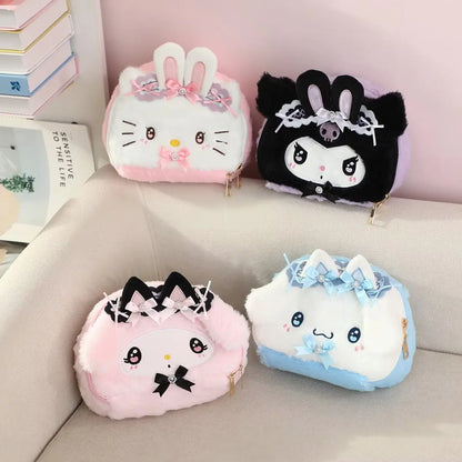 Kawaii Cinnamoroll Kuromi Hello Kitty My Melody Plush Bag Cosmetic Pouch Cartoon Anime Soft Makeup Bag for Daily Use & Travel