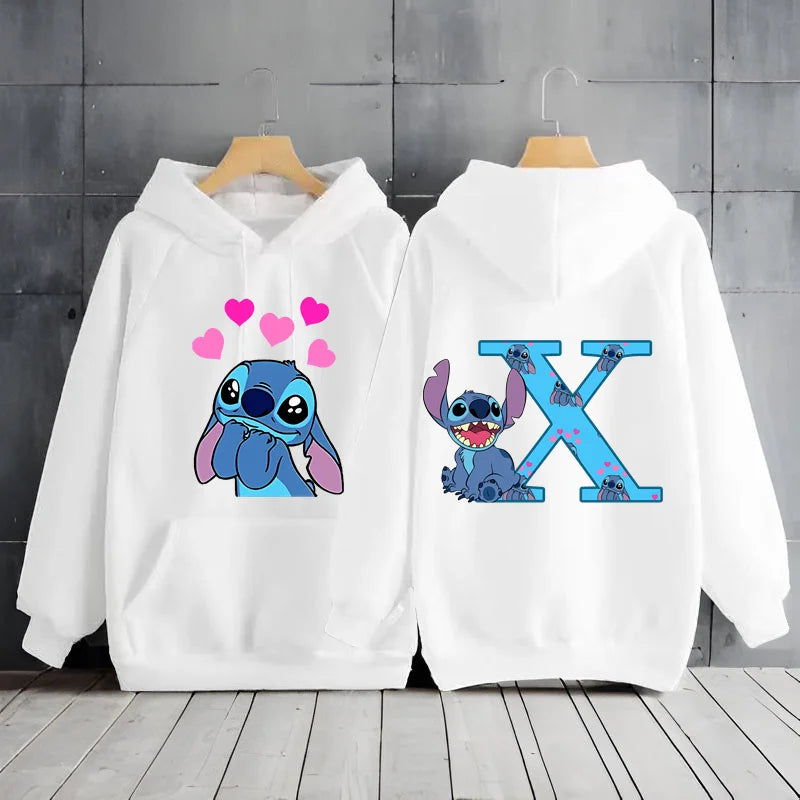 2025 Women's Winter Jacket Cute Kawaii Disney Lilo & Stitch Lucky Letter Print White Hoodie Fashion Couple Streetwear Sportswear
