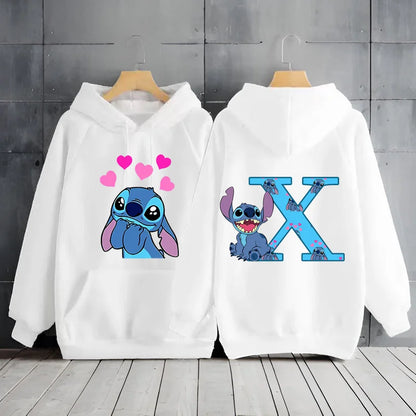 2025 Women's Winter Jacket Cute Kawaii Disney Lilo & Stitch Lucky Letter Print White Hoodie Fashion Couple Streetwear Sportswear
