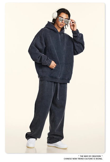 ZODF Retro Men’s Winter Washed Fleece Hoodie 360gsm Warm Knitted Loose Hooded Pullover Streetwear HY0887