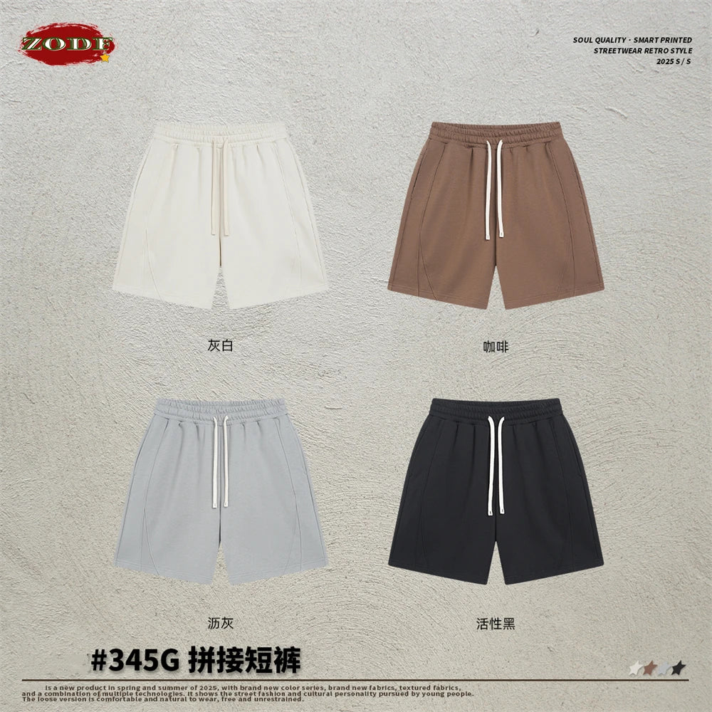 ZODF Trendy 2025 Men Summer Patchwork 345gsm Shorts Unisex Casual High Street Loose Fit Sport Solid Shorts Streetwears HY1053