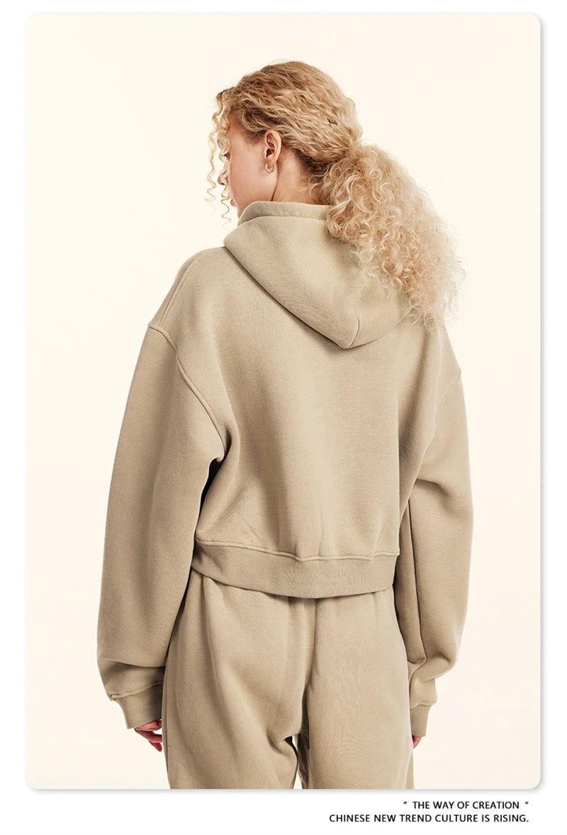 ZODF 2024 Winter Women Zipper Crop Hoodies Female Girls Solid 345gsm Warm Fleece Short Hooded Zip-Up Coat HY0911