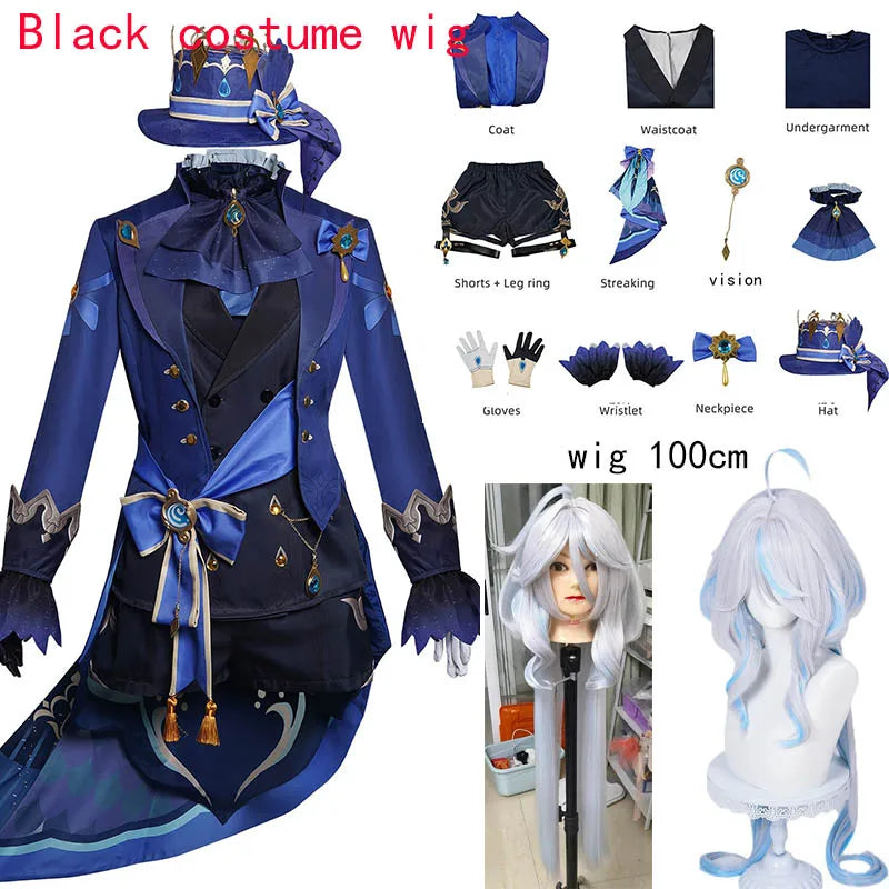 Genshin Impact Furina De Fontaine Cosplay Costume Set Cotton Polyester - Black costume wig / XL
