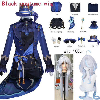 Genshin Impact Furina De Fontaine Cosplay Costume Set Cotton Polyester - Black costume wig / XL
